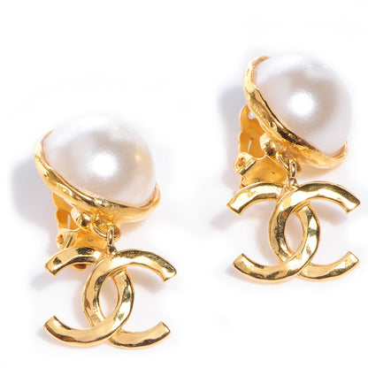 Chanel Pearl Dangle Clip On Earrings Gold CC 1 of 5
