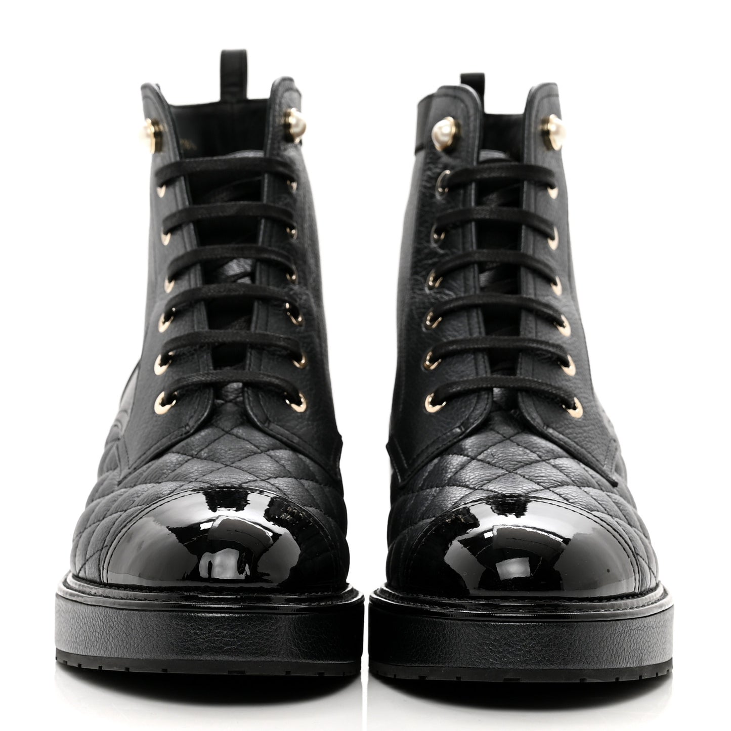 Pearly Calfskin Patent Calfskin Lace Up Combat Boots 38.5 Black