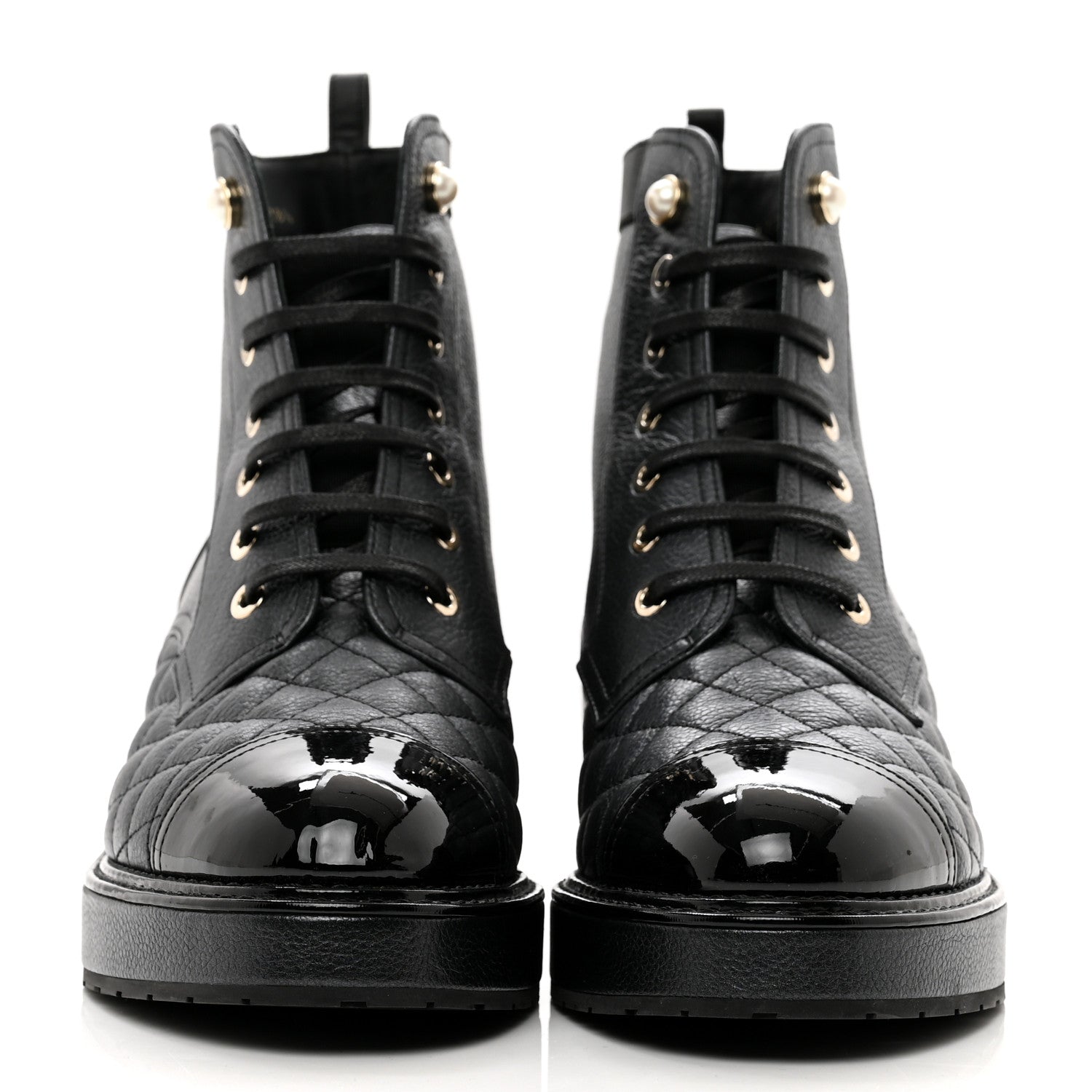 Chanel Pearly Calfskin Patent Calfskin Lace Up Combat Boots 38.5 Black 2 of 8