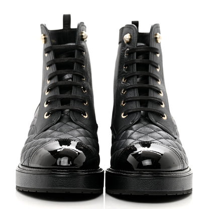 Chanel Pearly Calfskin Patent Calfskin Lace Up Combat Boots 38.5 Black 2 of 8