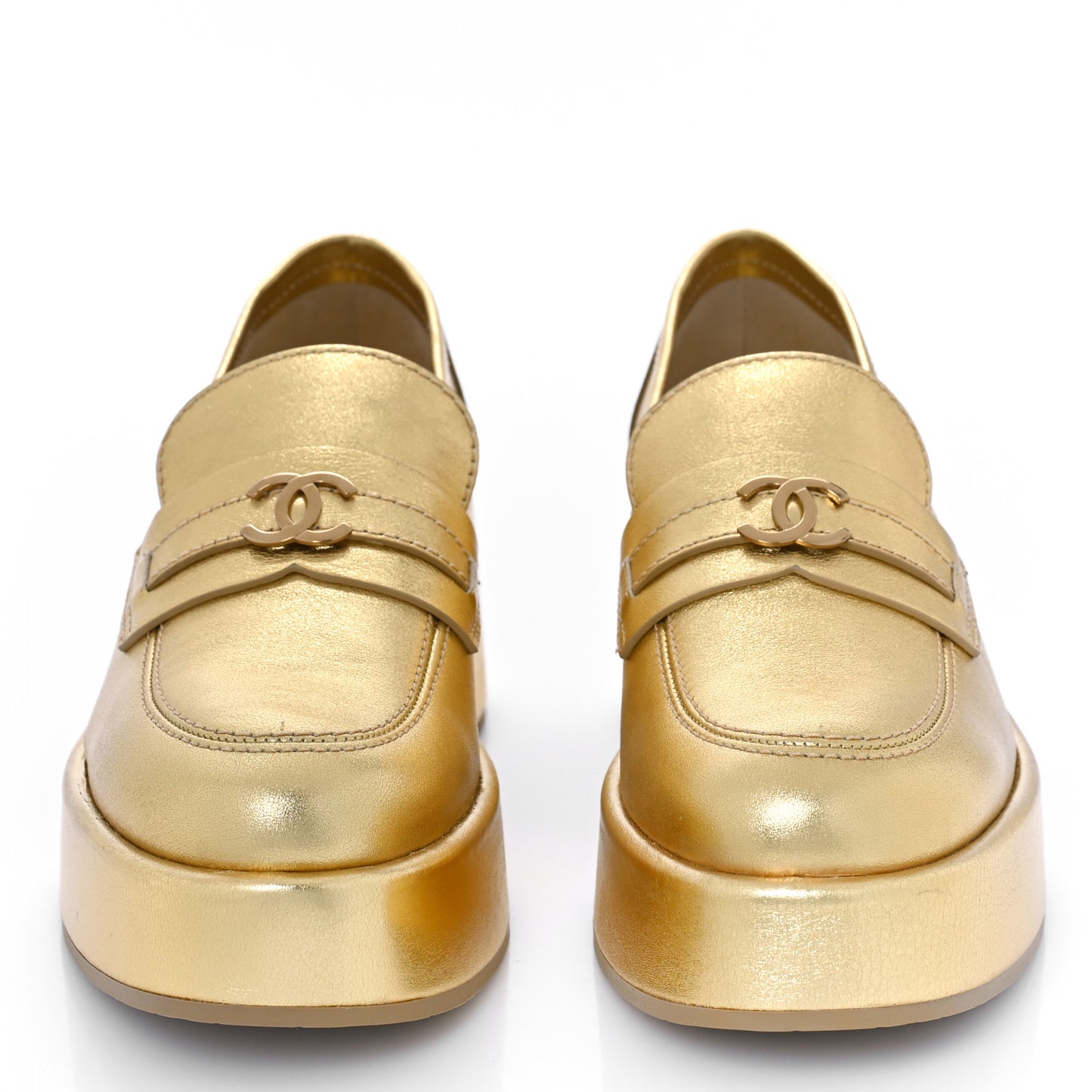 Laminated Calfskin CC Platform Loafers 37.5 Golden