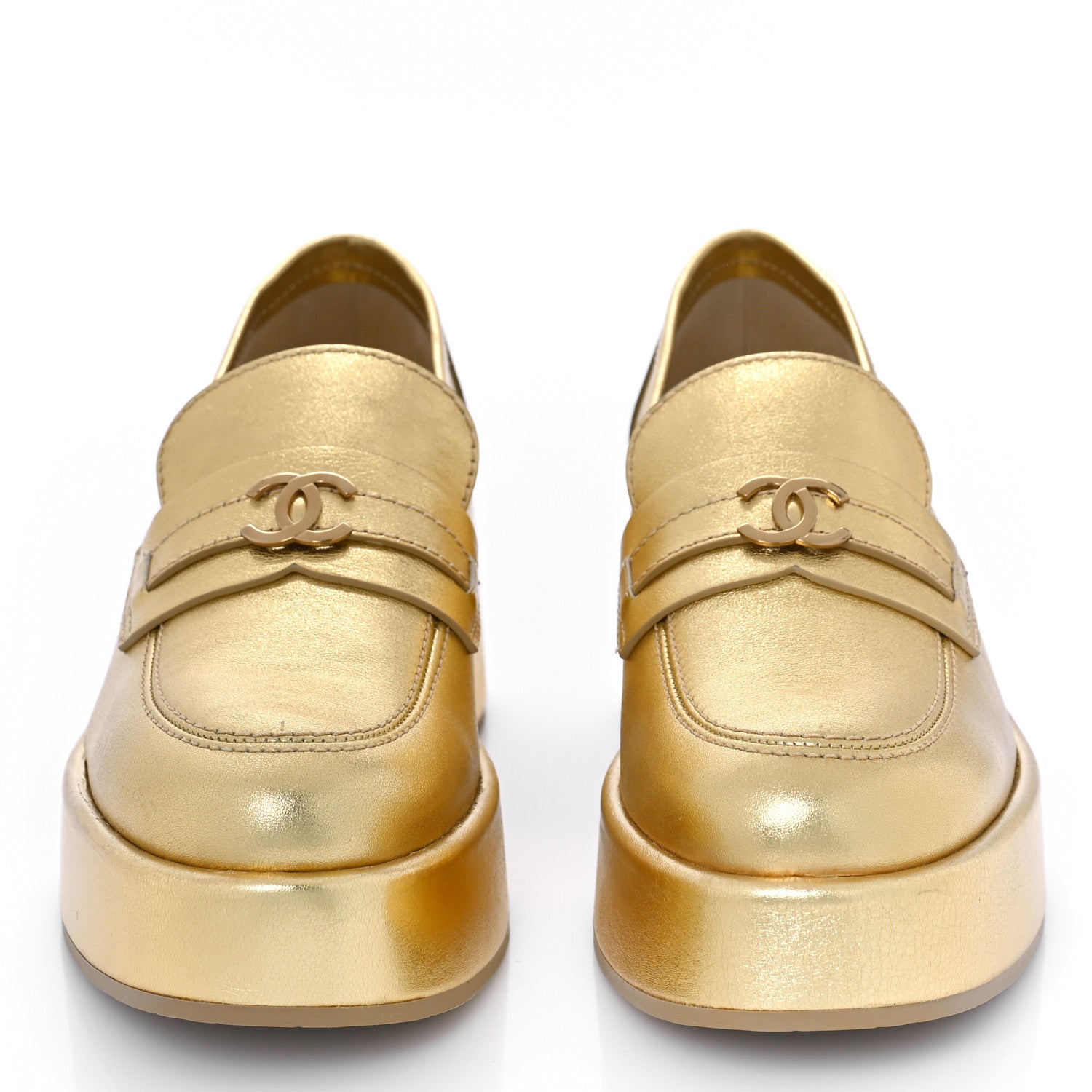 Chanel Laminated Calfskin CC Platform Loafers 37.5 Golden 2 of 10