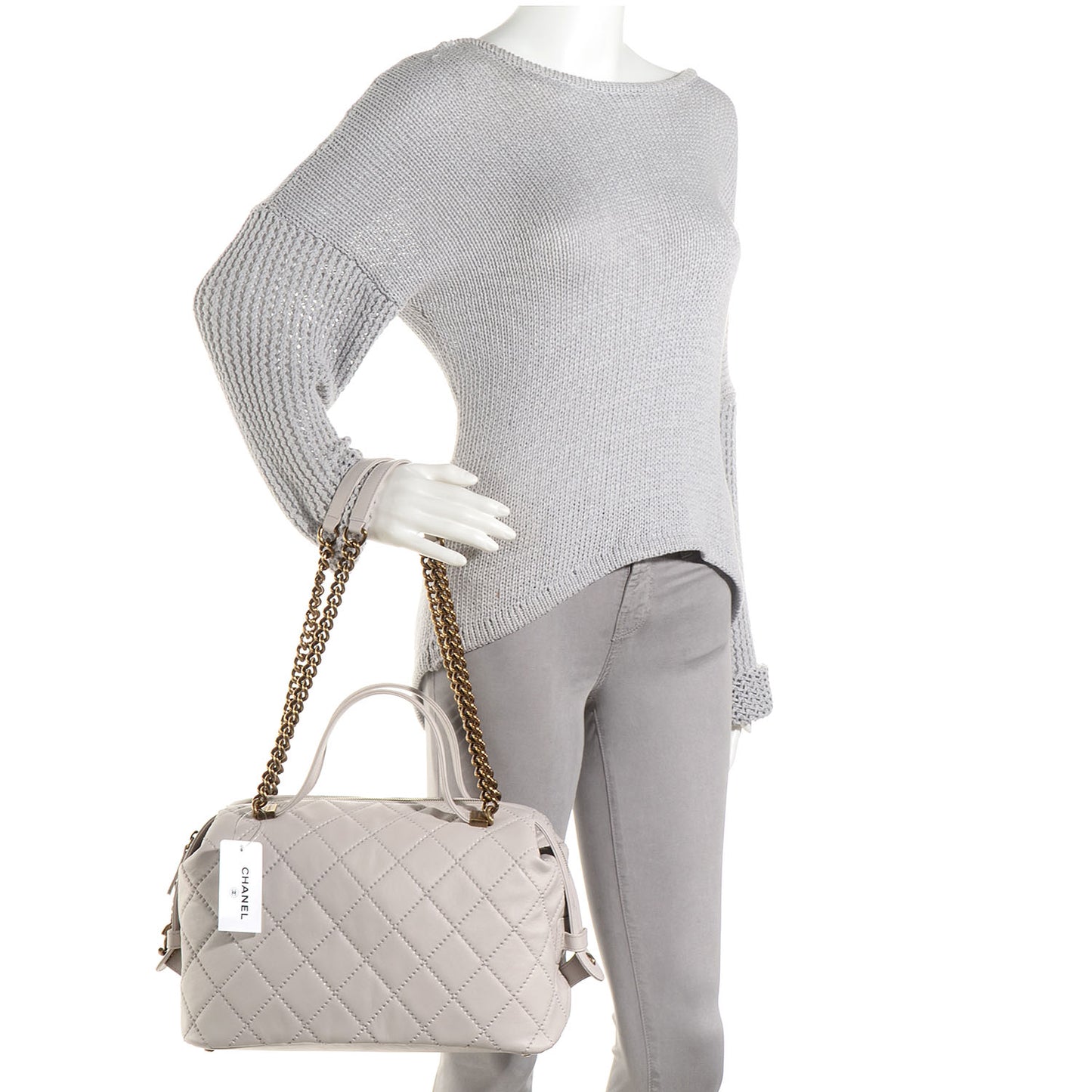 Calfskin Stitched Bowling Bag Light Grey