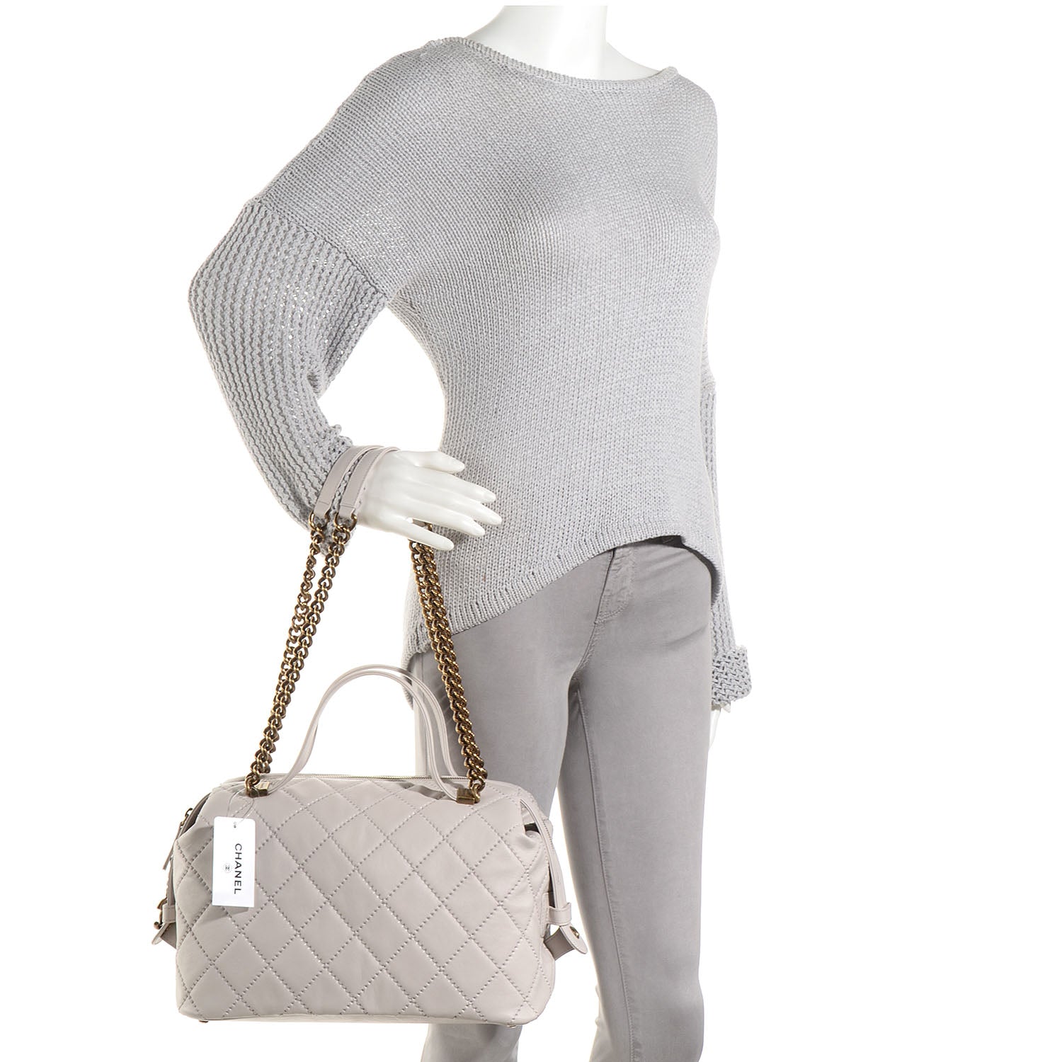 Chanel Calfskin Stitched Bowling Bag Light Grey 2 of 10