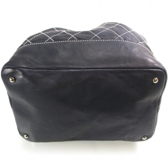 Leather Contrast Stitch Drawstring Tote Navy
