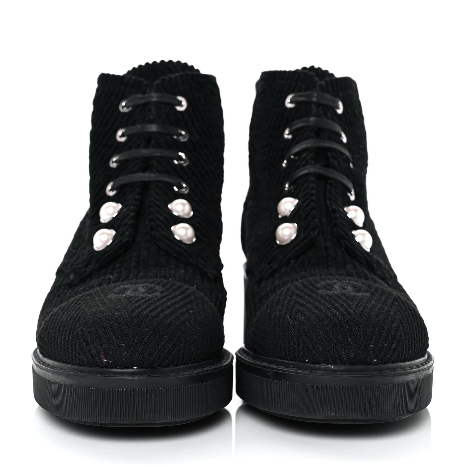 Chanel Corduroy Pearl Combat Short Boots 41.5 Black 2 of 7