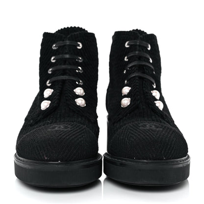 Chanel Corduroy Pearl Combat Short Boots 41.5 Black 2 of 7