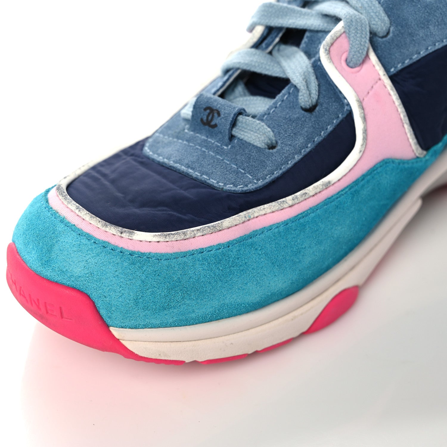 Chanel Nylon Calfskin Suede CC Sneakers 39.5 Navy Turquoise 11 of 16