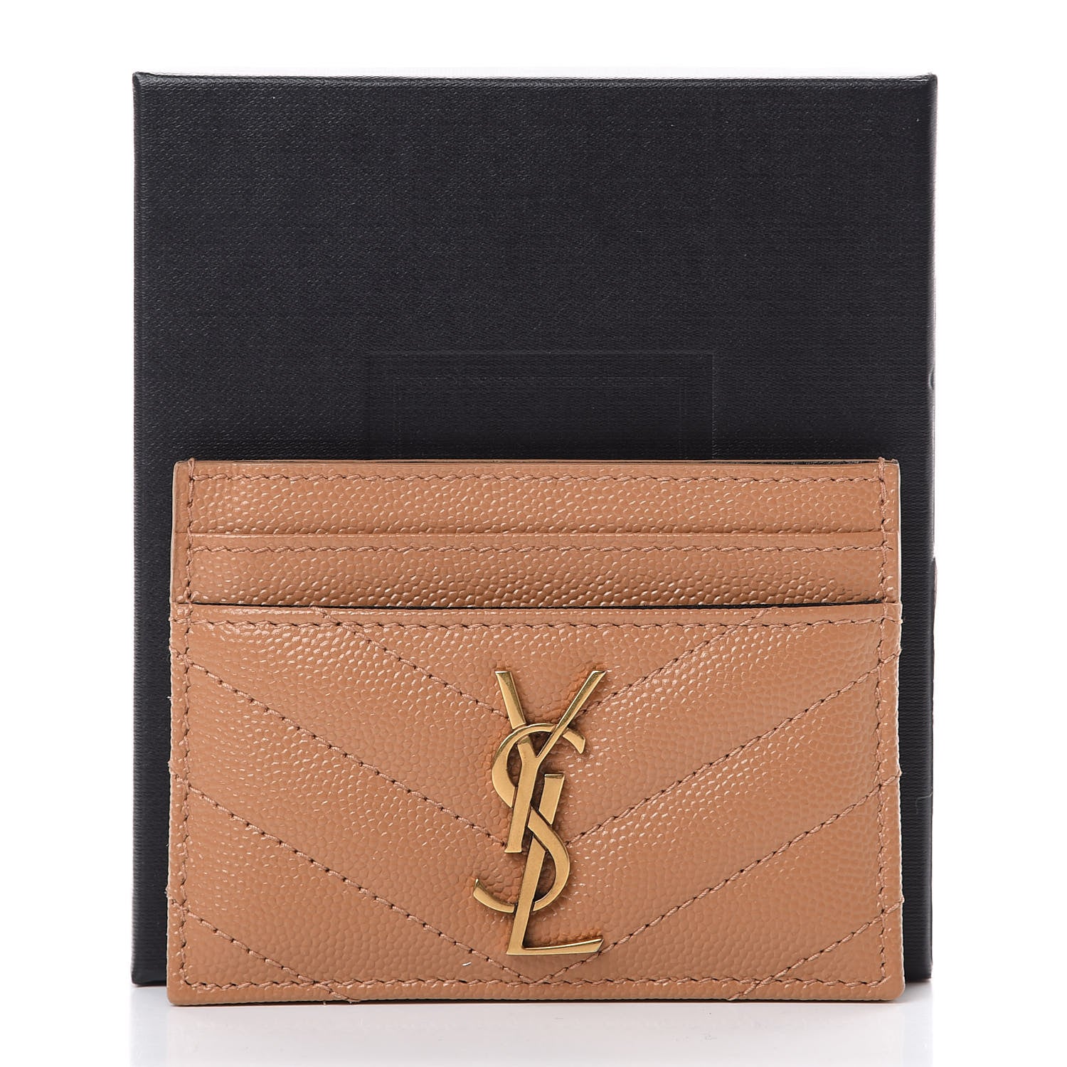 Saint Laurent Grain De Poudre Matelasse Chevron Monogram Credit Card Case Dune 7 of 7