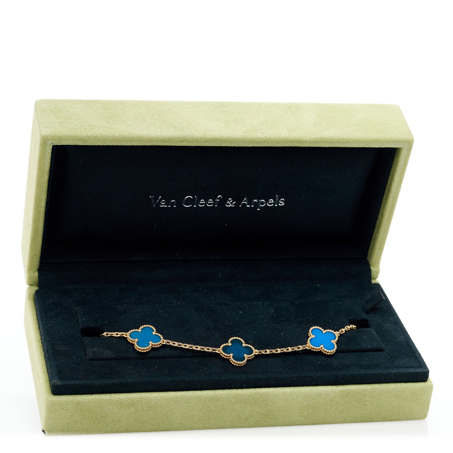 18K Yellow Gold Blue Agate 5 Motifs Vintage Alhambra Bracelet