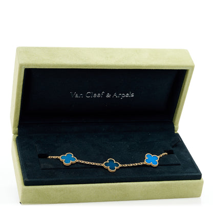 Van Cleef & Arpels 18K Yellow Gold Blue Agate 5 Motifs Vintage Alhambra Bracelet 6 of 6