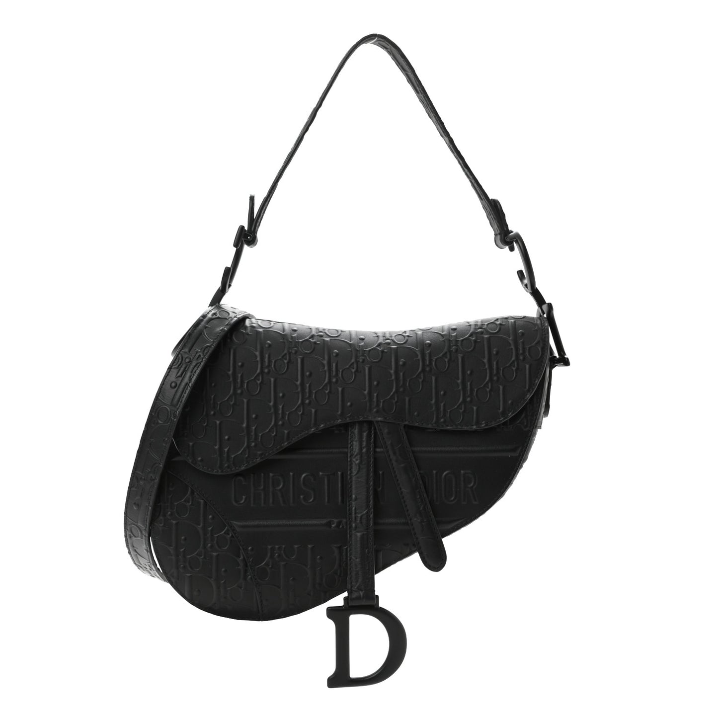 Calfskin Embossed Oblique Saddle Bag With Strap Black