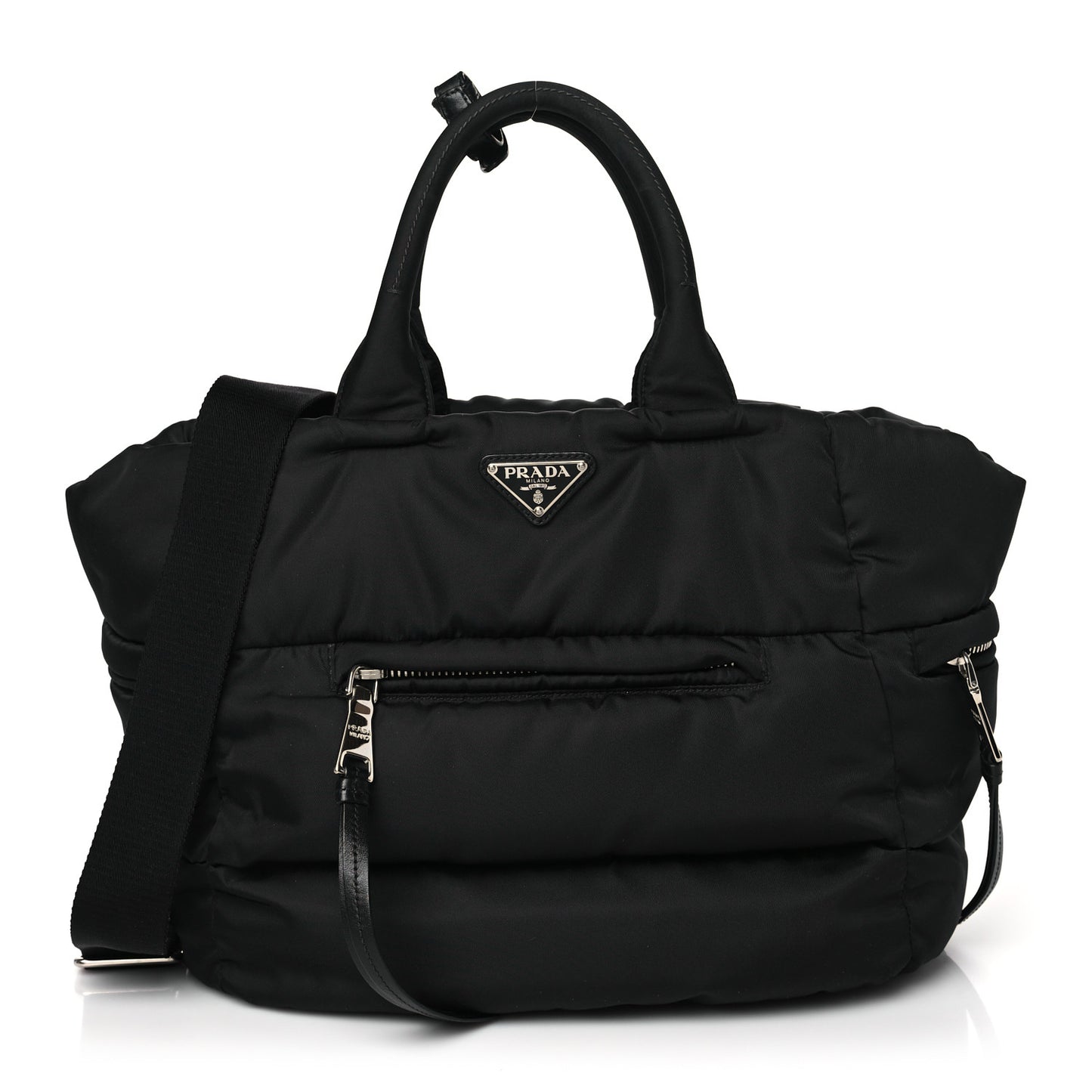 Nylon Quilted Padded Triangle Logo Zip Tote Black