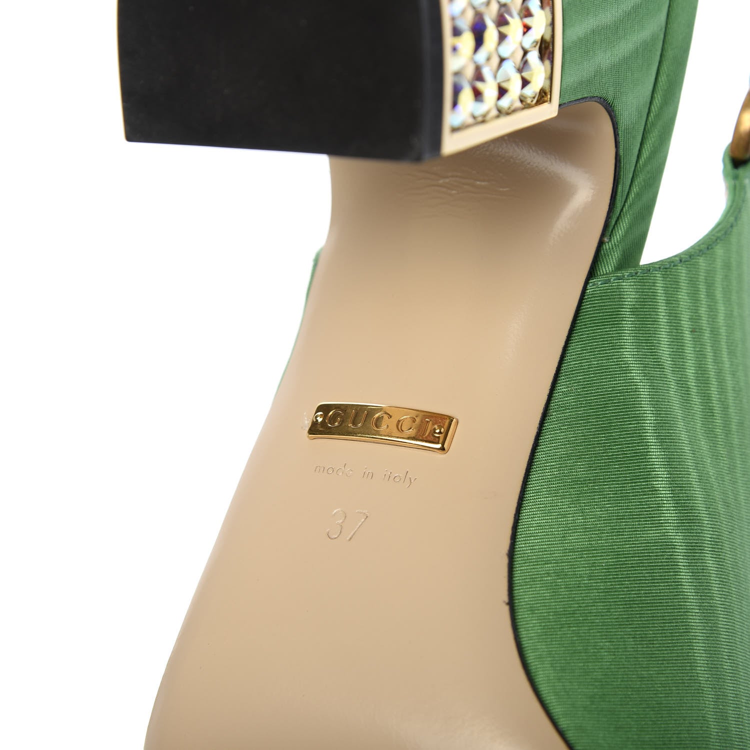 Gucci Moire Fabric Crystal Square G Madelyn Slingbacks 37 New Shamarock 7 of 10