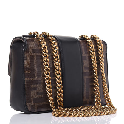 Fendi Glazed Fabric Vitello Century FF 1974 Stamp Patch Mini Double F Crossbody Bag Mogano Panna Black 3 of 12