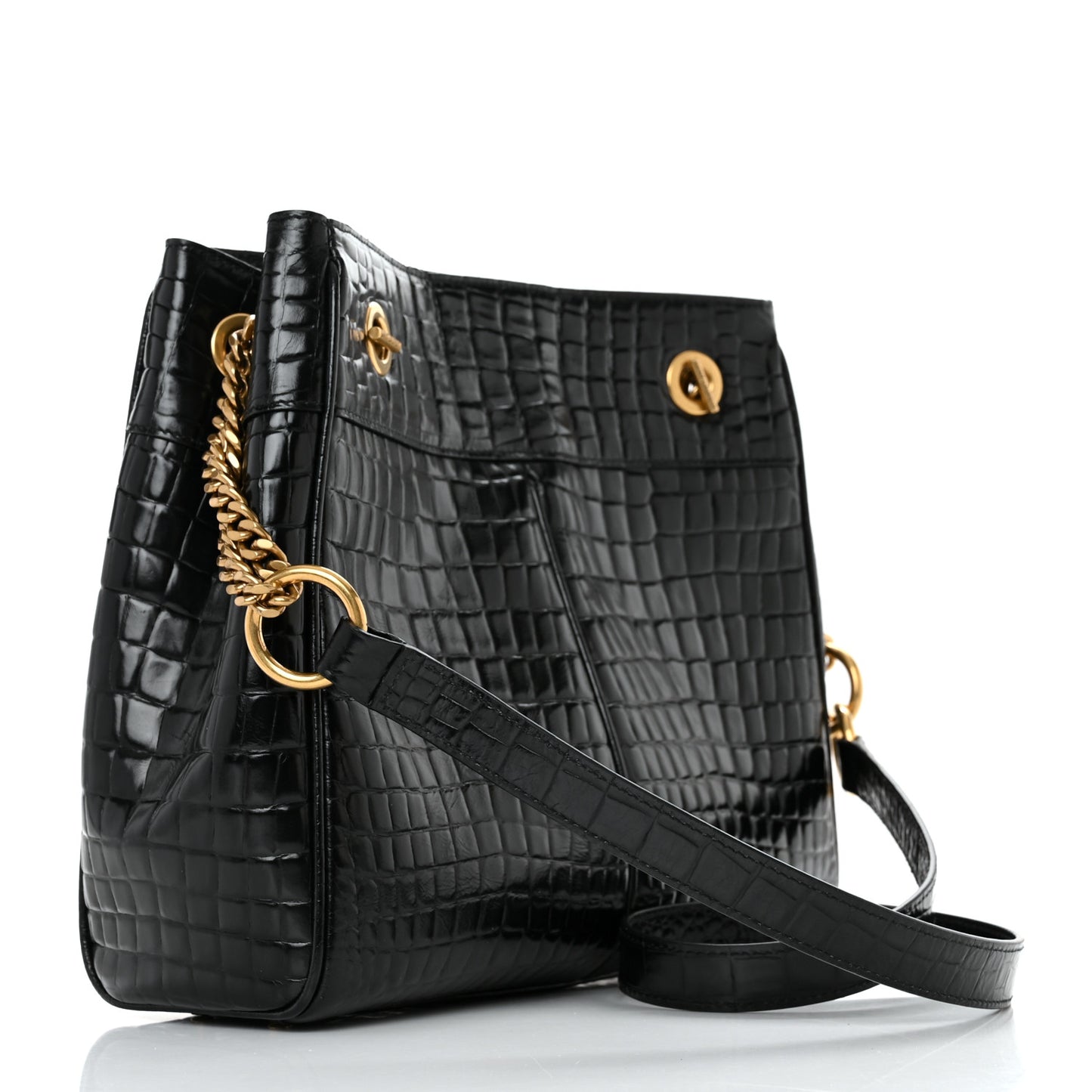 Shiny Calfskin Crocodile Embossed Claude Tote Black