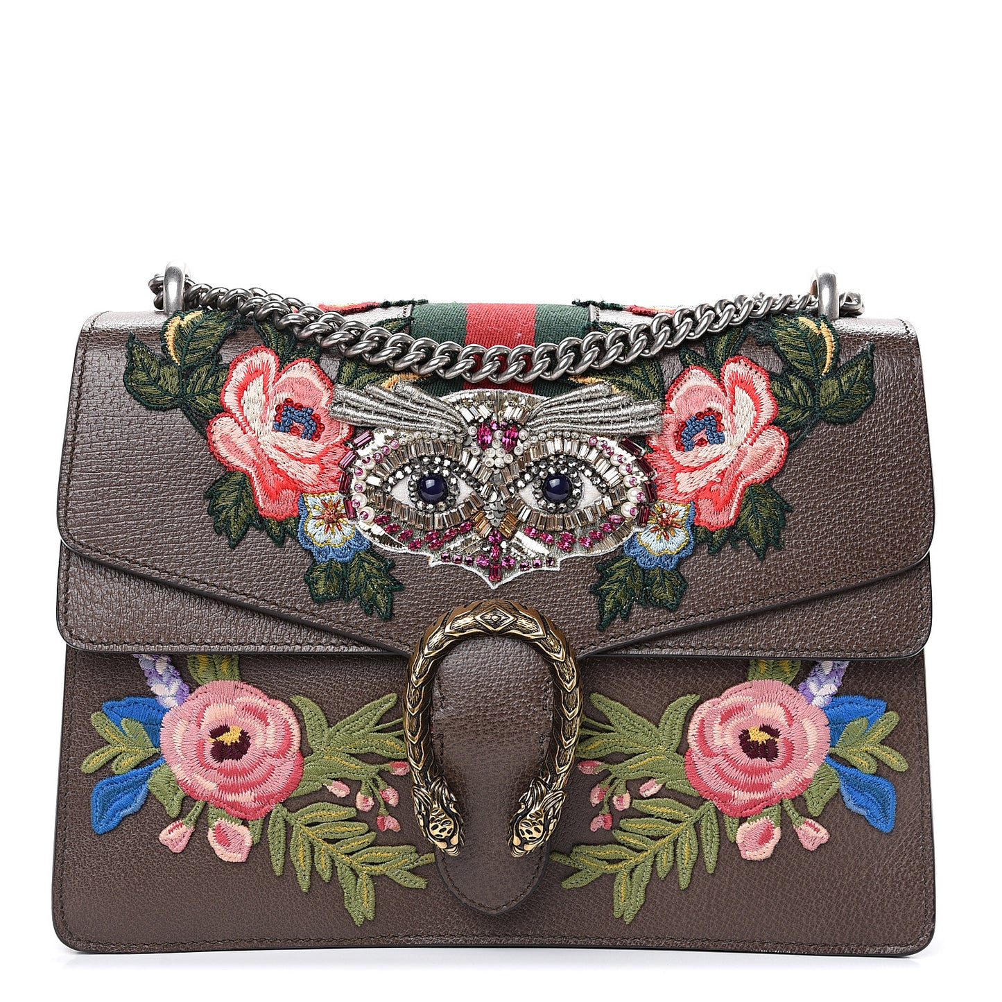Calfskin Web Owl Embroidered Medium Dionysus Shoulder Bag New Acero Multicolor