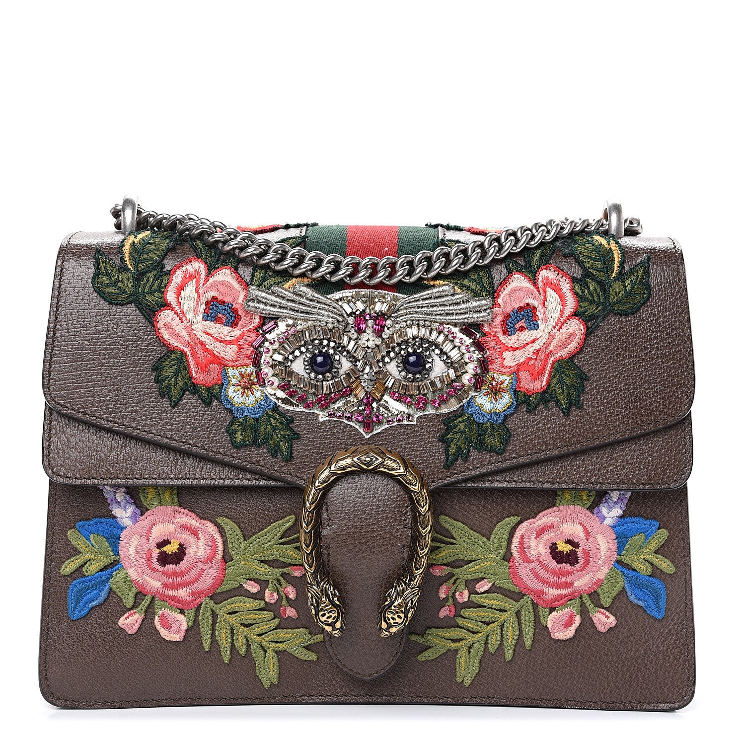 Gucci Calfskin Web Owl Embroidered Medium Dionysus Shoulder Bag New Acero Multicolor 1 of 11