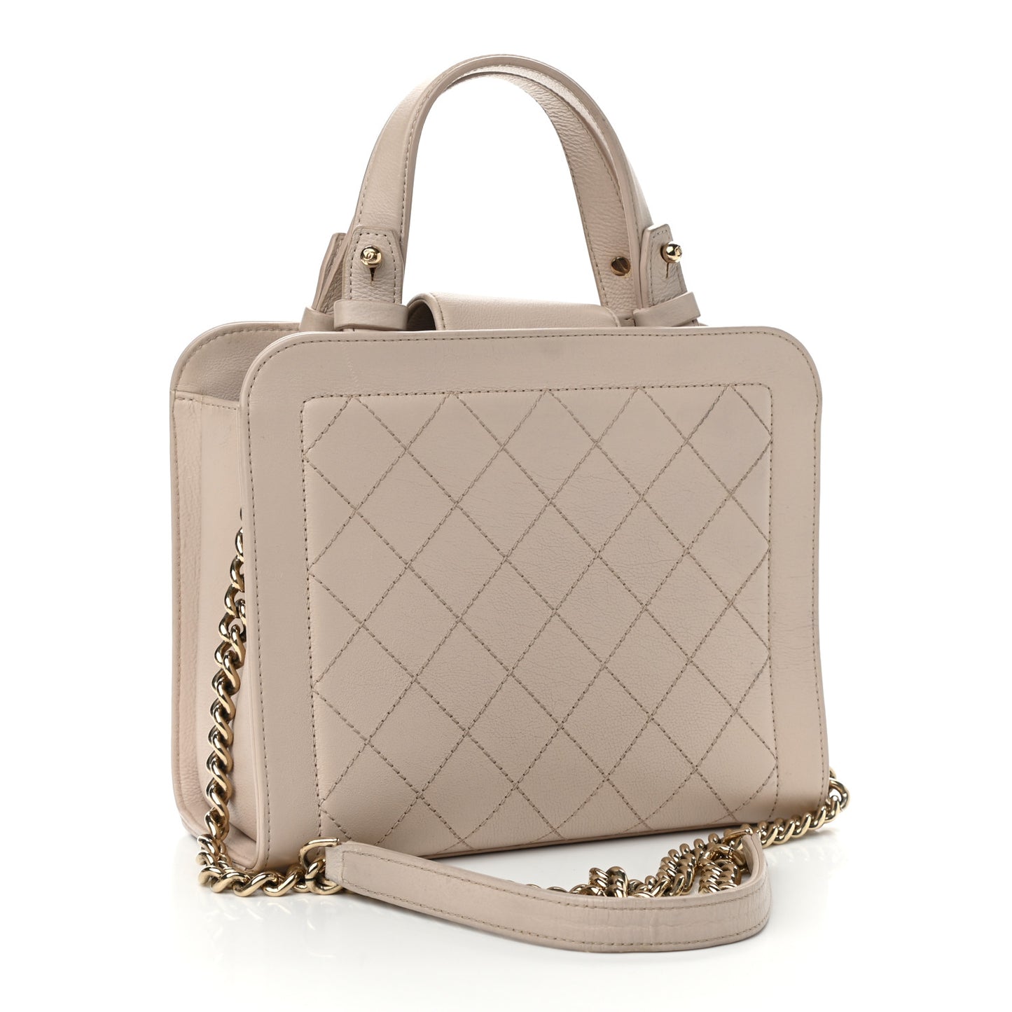 Grained Calfskin Stitched Small Label Click Shopper Tote Light Beige