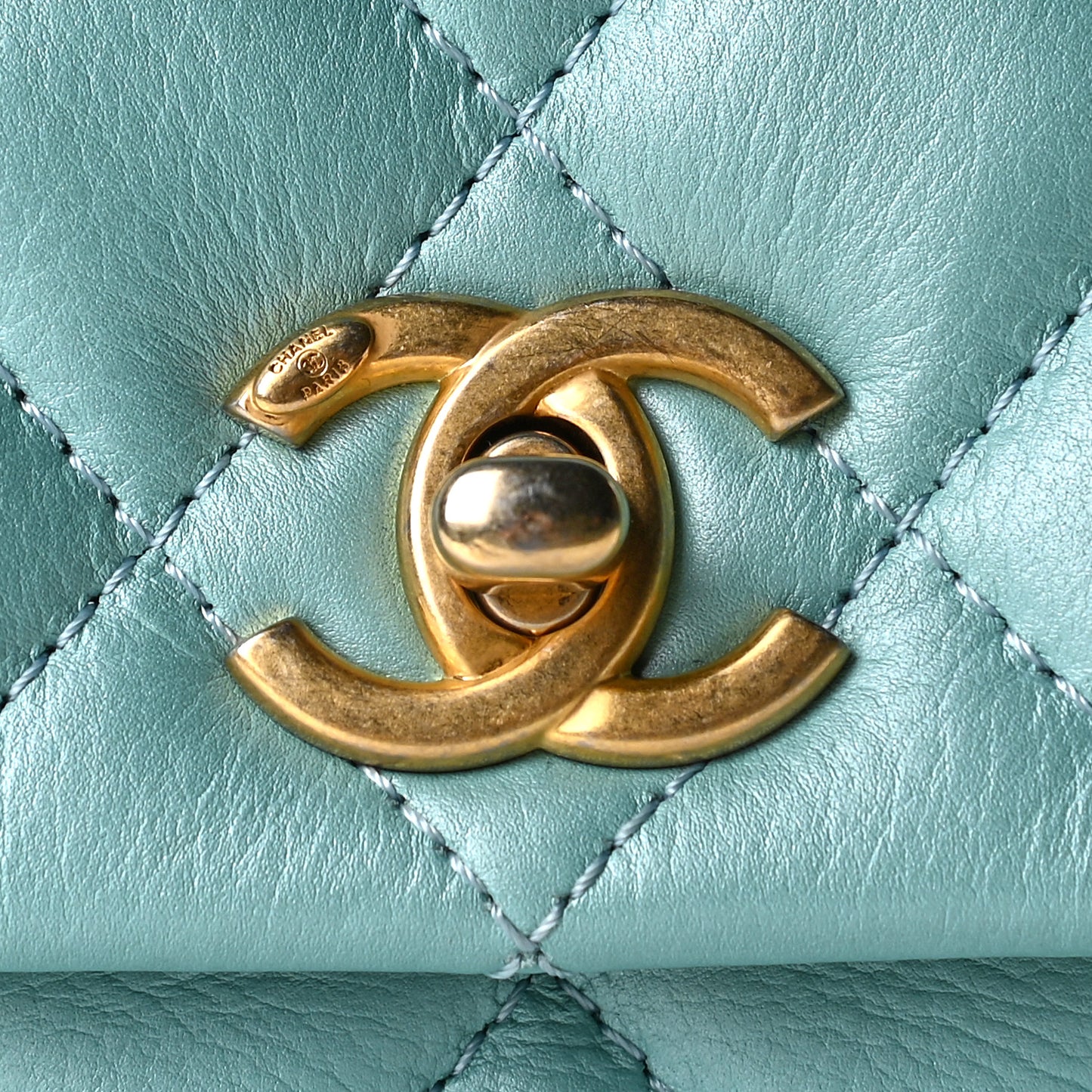 Calfskin Quilted Top Handle Flap Light Blue
