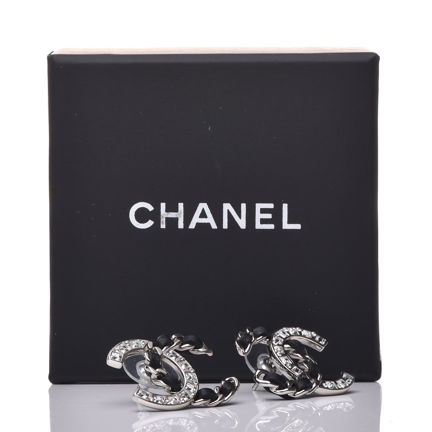 Crystal Baguette Lambskin Large CC Earrings Silver Black