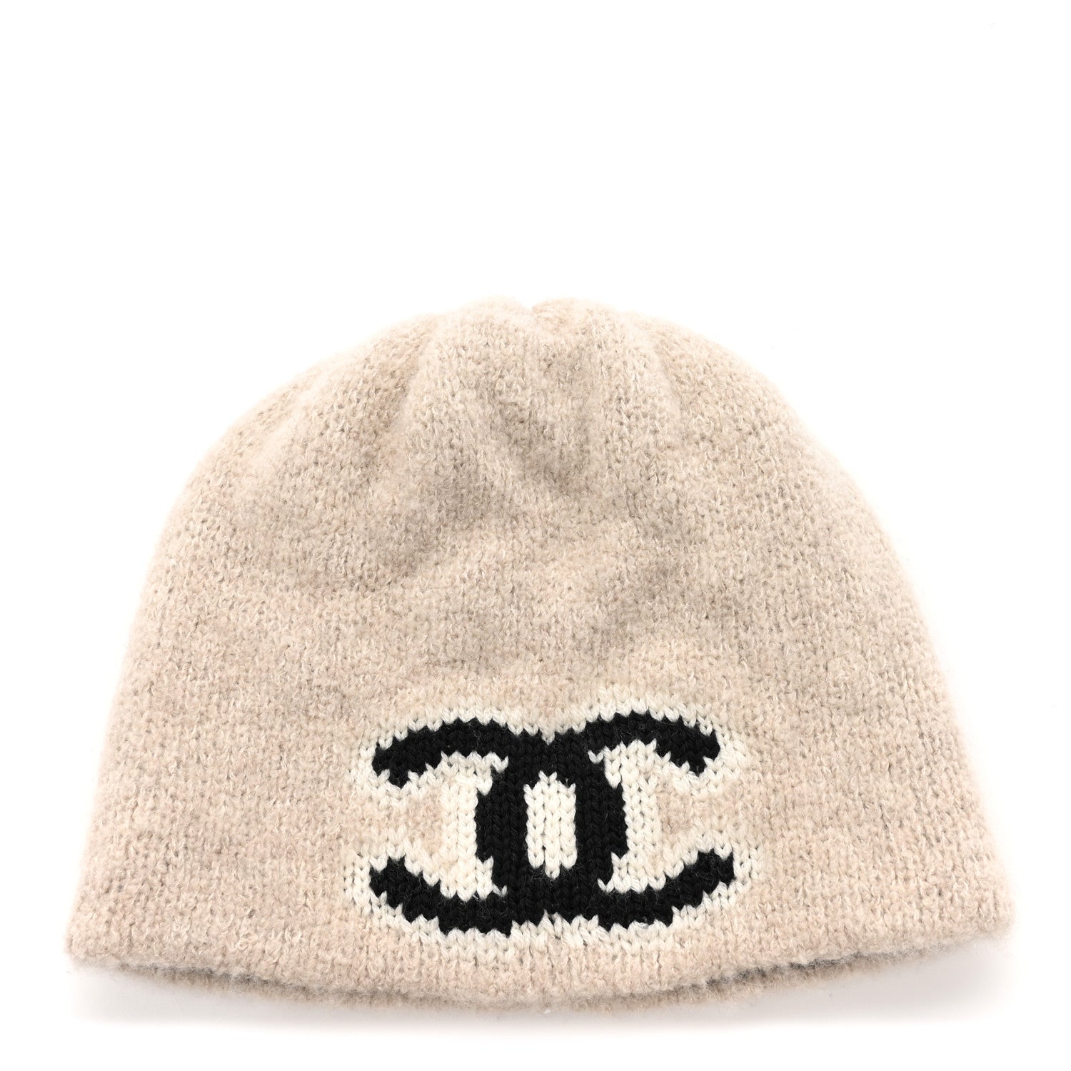 Chanel Wool Cashmere CC Beanie Hat Beige Black White 1 of 5
