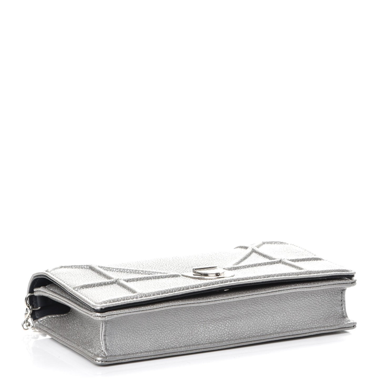 Metallic Grained Calfskin Diorama Wallet on Chain Pouch Silver
