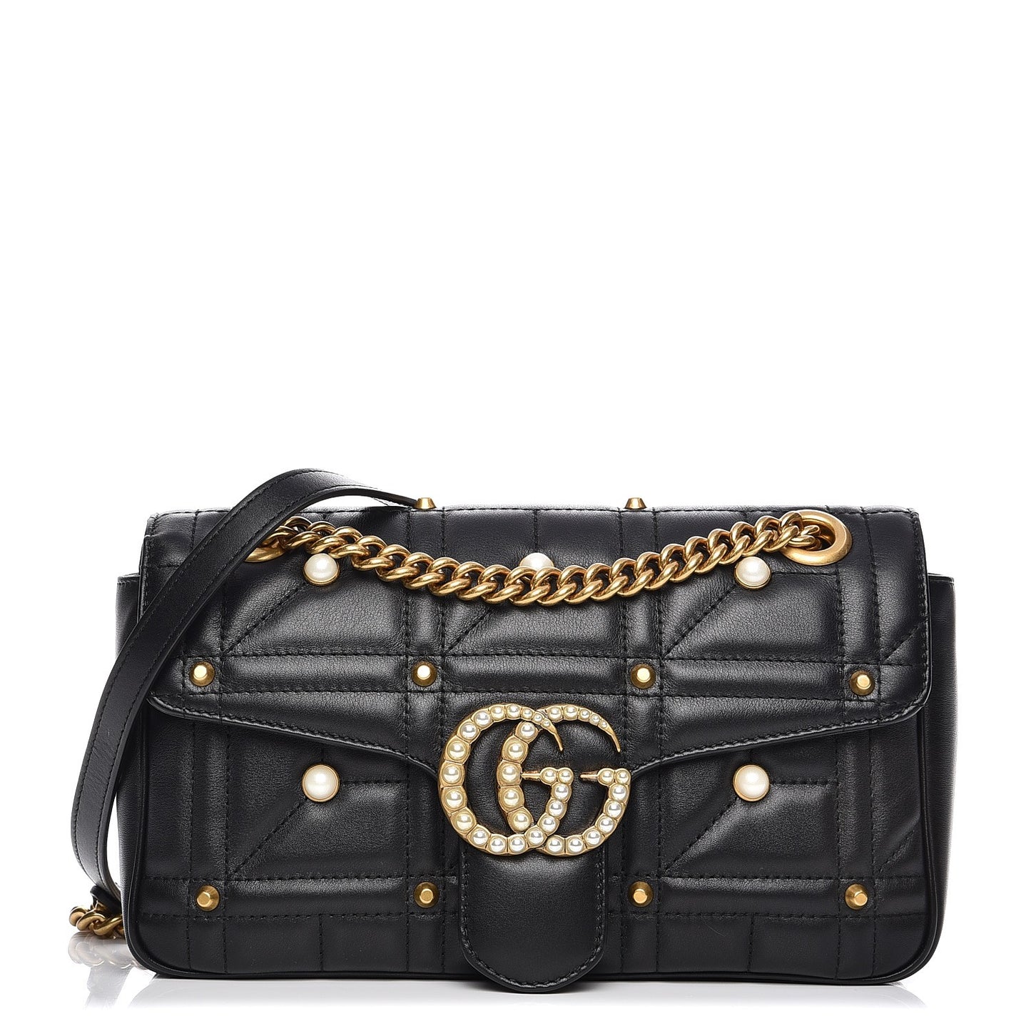 Calfskin Matelasse Studded Small Pearly GG Marmont Shoulder Bag Black