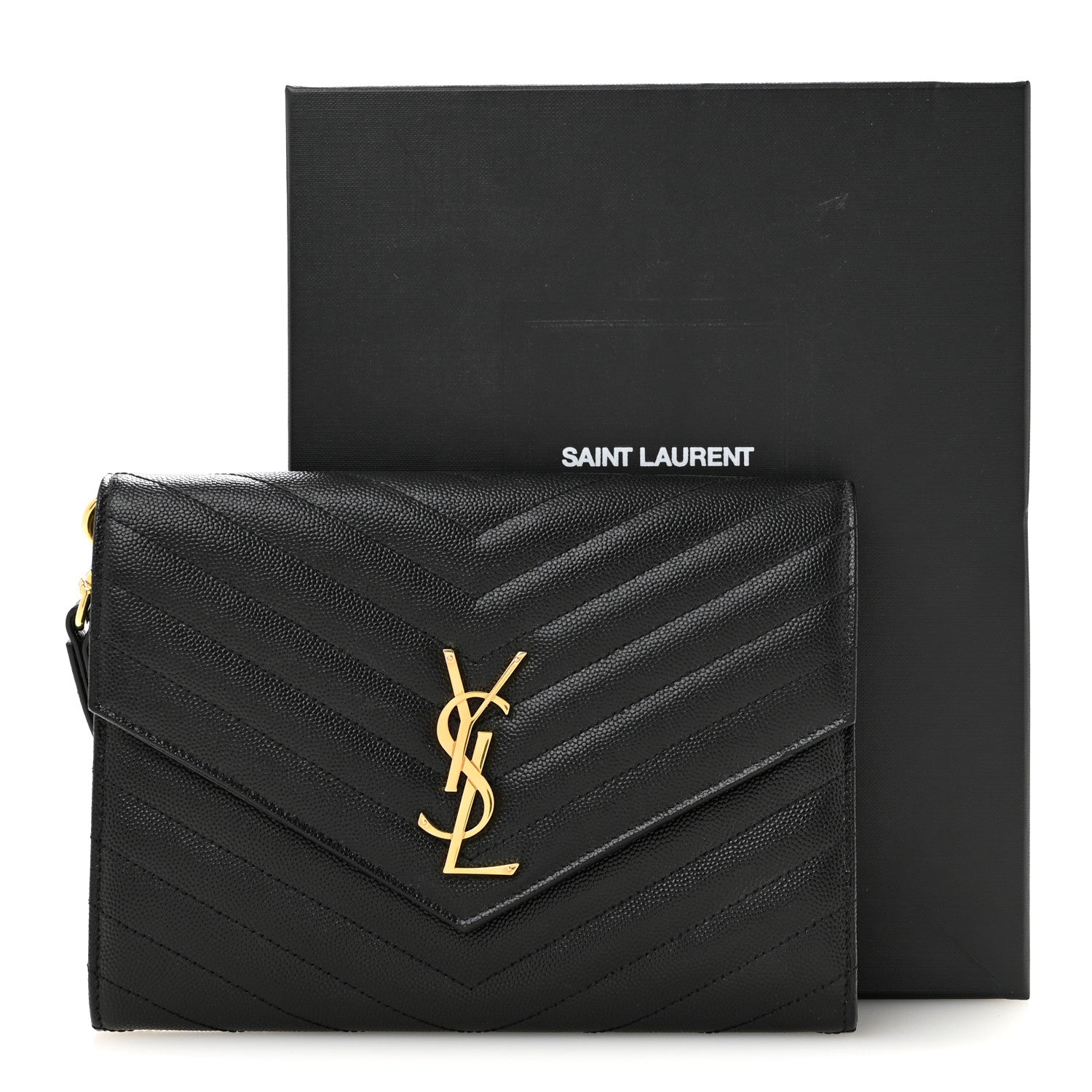 Saint Laurent Grain De Poudre Matelasse Chevron Monogram Envelope Clutch Black 9 of 9
