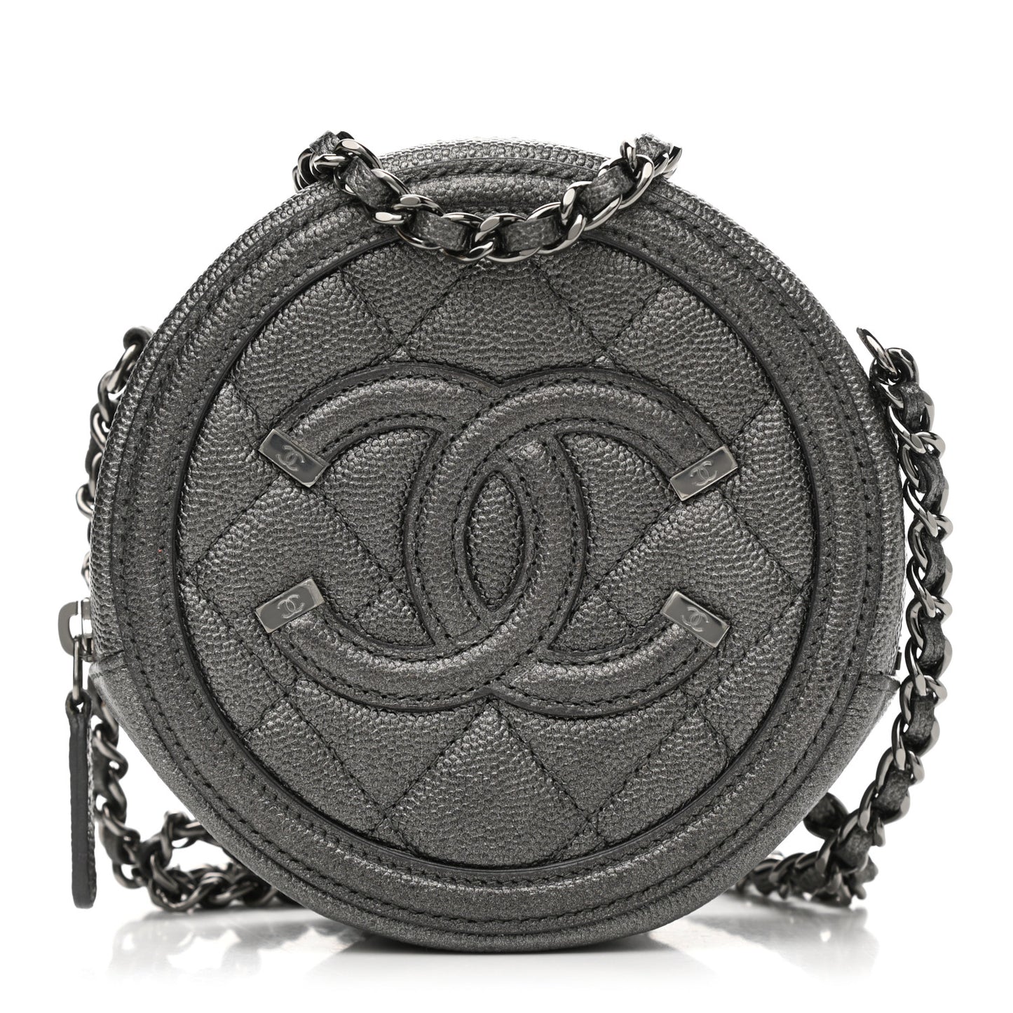 Metallic Caviar Quilted Round Filigree Crossbody Ruthenium