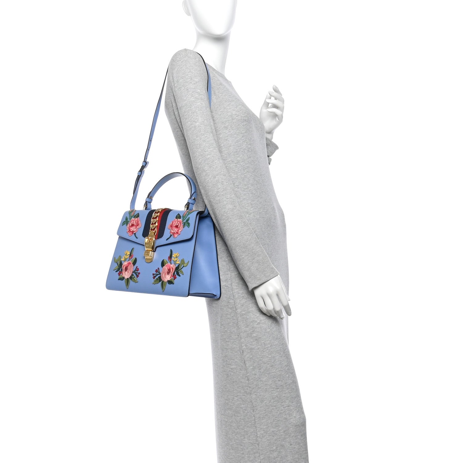 Gucci Calfskin Embroidered Medium Sylvie Top Handle Bag Clear Sky Blue 2 of 13