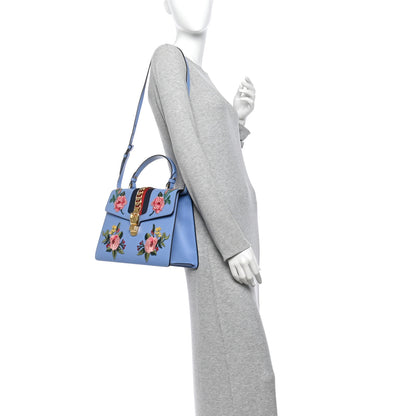 Gucci Calfskin Embroidered Medium Sylvie Top Handle Bag Clear Sky Blue 2 of 13