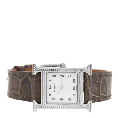 Hermes Stainless Steel Alligator Diamond Bezel Mother of Pearl 21mm Heure H Hour Quartz Watch Gris Elephant 2 of 5