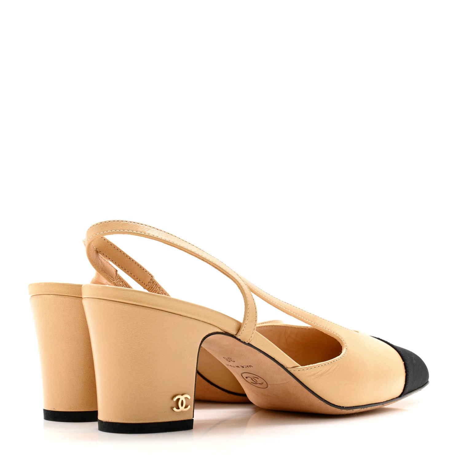 Chanel Goatskin Grosgrain Cap Toe CC Slingback Pumps 38 Beige Black 4 of 12