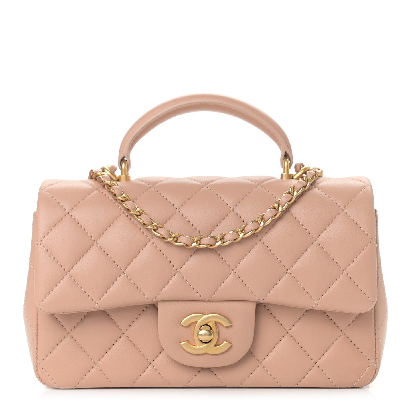 Lambskin Quilted Mini Top Handle Rectangular Flap Beige