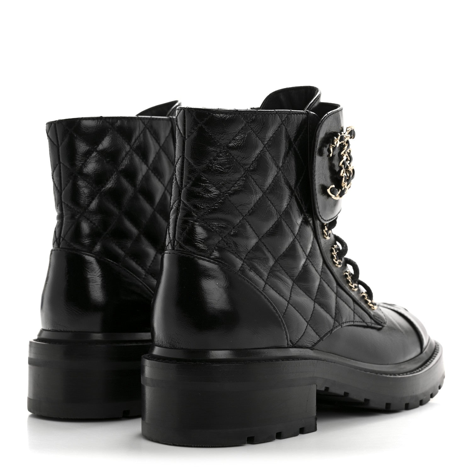 Chanel Shiny Lambskin Quilted Lace Up Combat Boots 37 Black 5 of 11