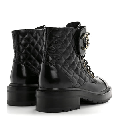 Chanel Shiny Lambskin Quilted Lace Up Combat Boots 37 Black 5 of 11