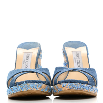 Jimmy Choo Denim Fringed Raffia Almer 105 Wedge Sandals 36 Navy 2 of 10