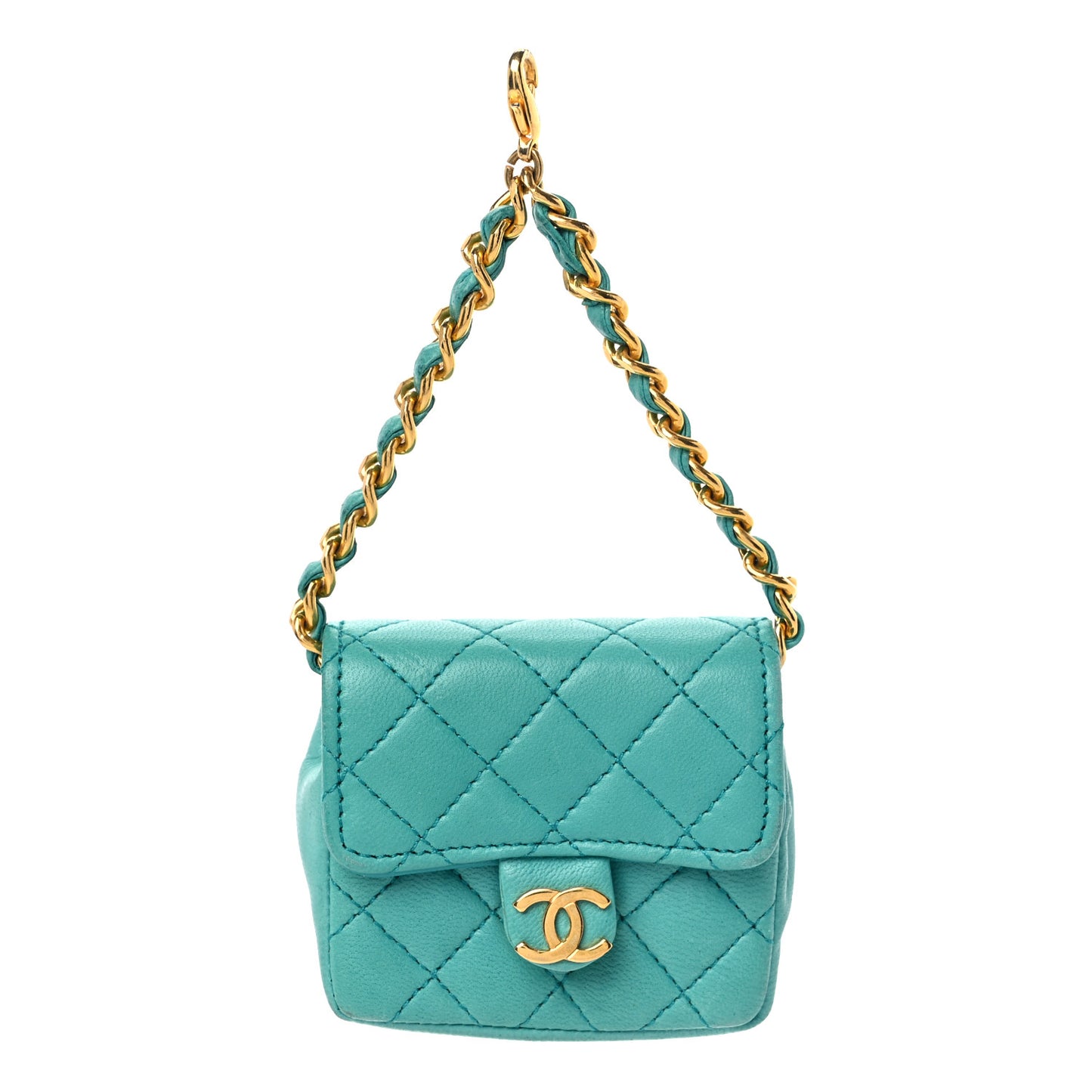 Lambskin Quilted Mini Pouch Bag Charm Keychain Turquoise