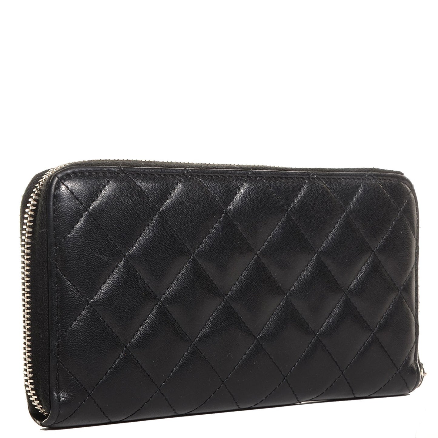 Lambskin Quilted Large Zip Around Wallet Black
