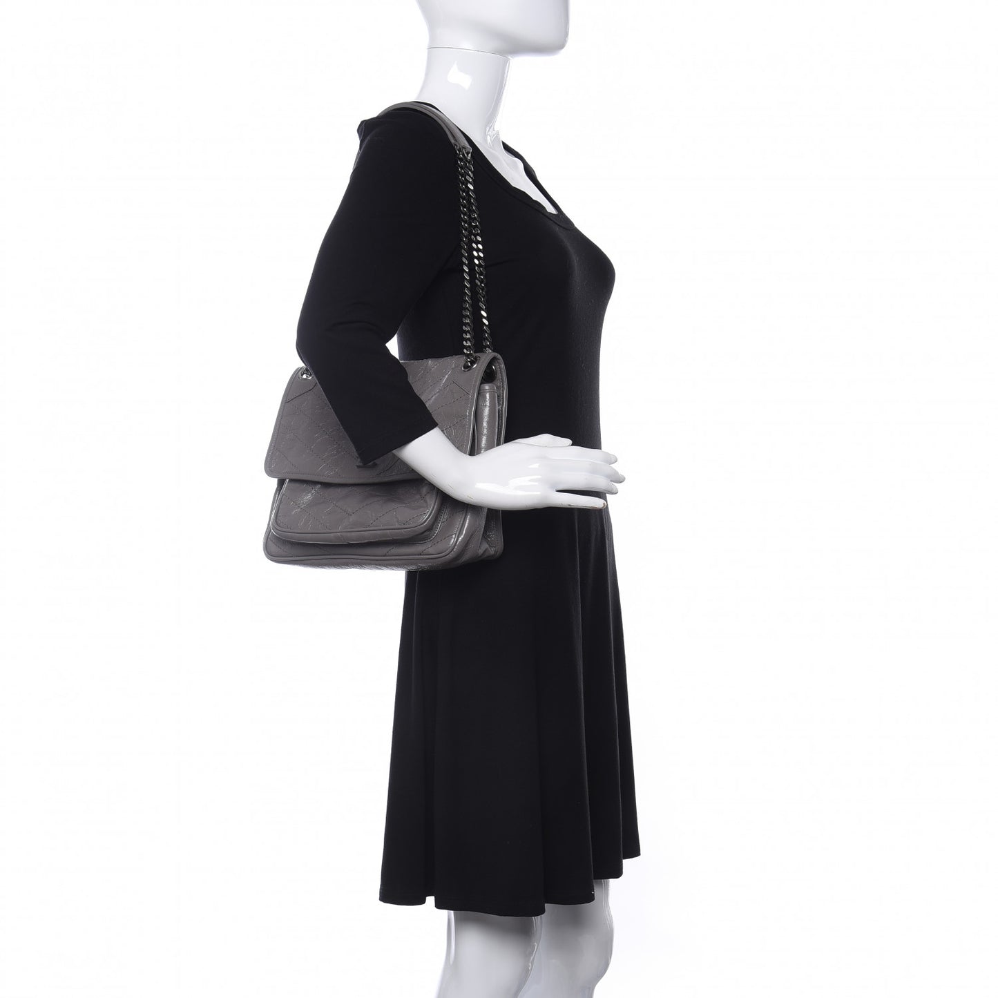 Crinkled Calfskin Matelasse Monogram Medium Niki Chain Satchel Fog