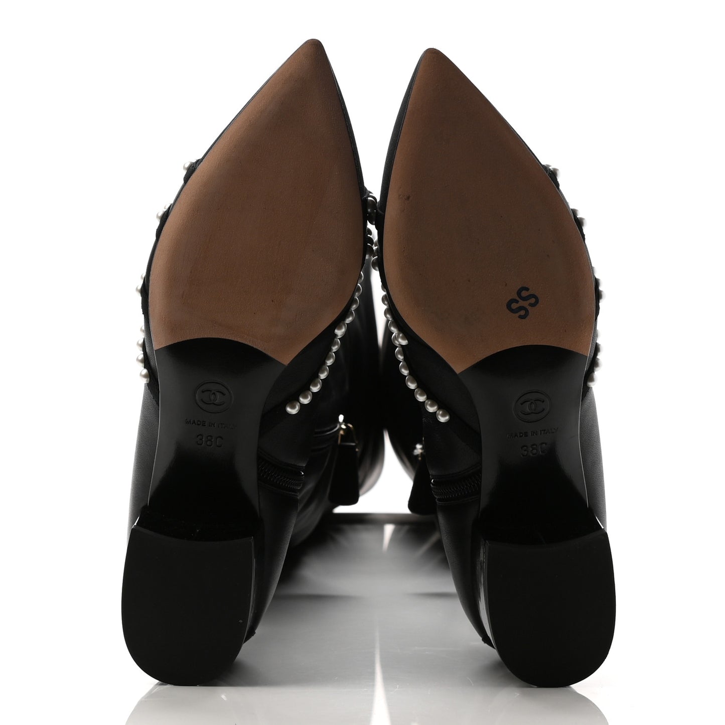 Lambskin Grosgrain Pearl Cap Toe High Boots 38 Black