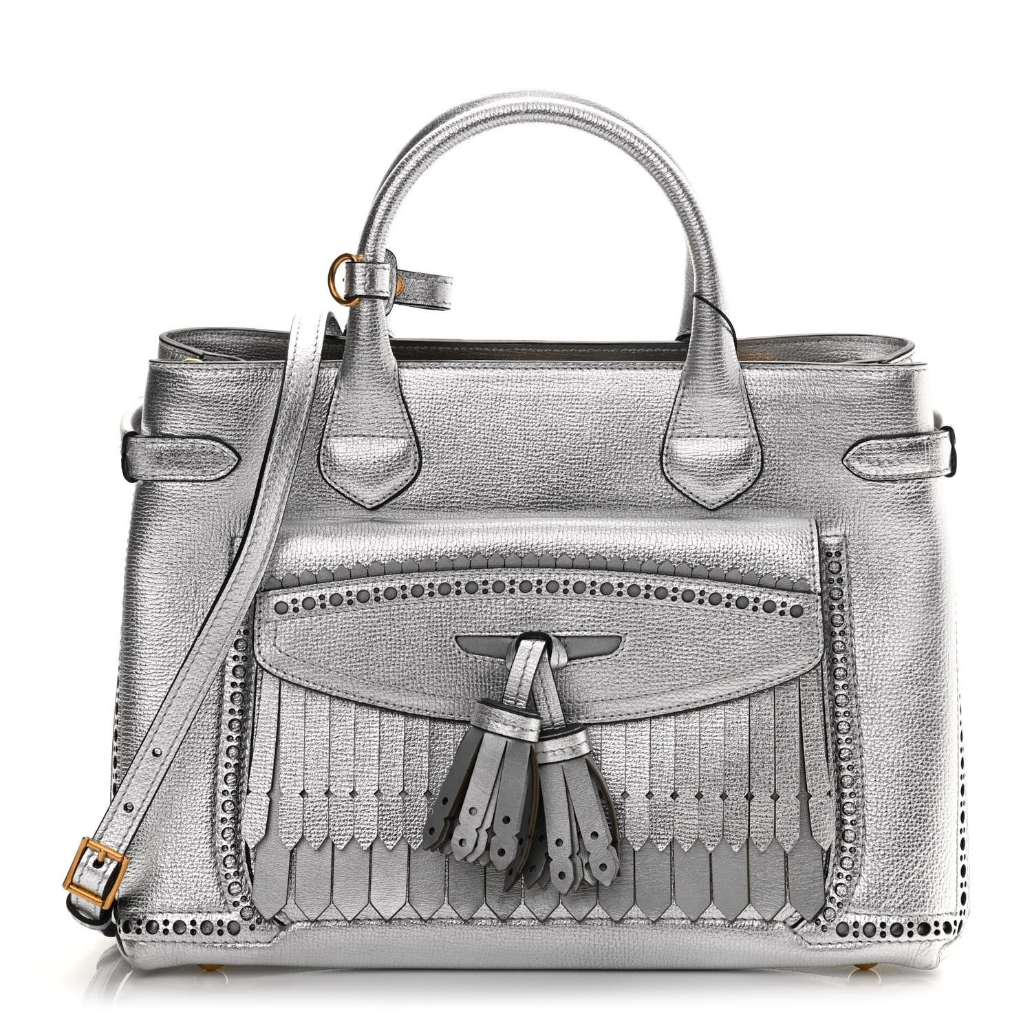 Burberry Metallic Calfskin Broguing Medium Banner Tote Silver 1 of 14