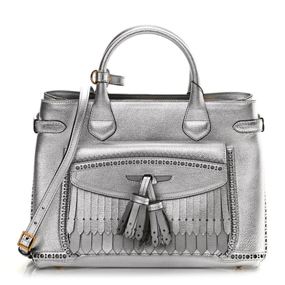 Burberry Metallic Calfskin Broguing Medium Banner Tote Silver 1 of 14