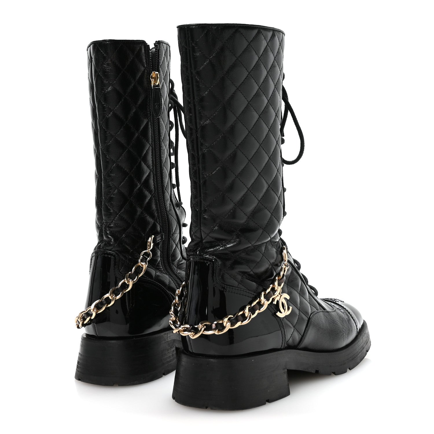 Chanel Shiny Calfskin Patent Quilted Chain Lace Up Combat Long Boots 38.5 Black 5 of 8