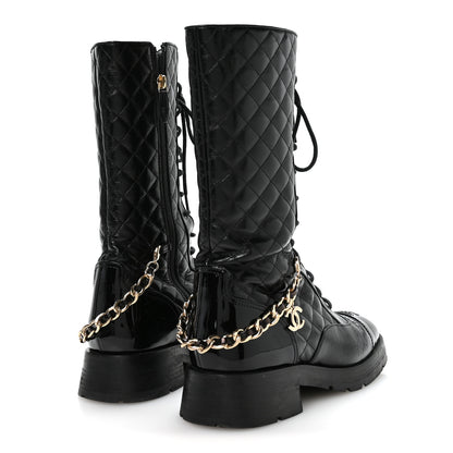 Chanel Shiny Calfskin Patent Quilted Chain Lace Up Combat Long Boots 38.5 Black 5 of 8