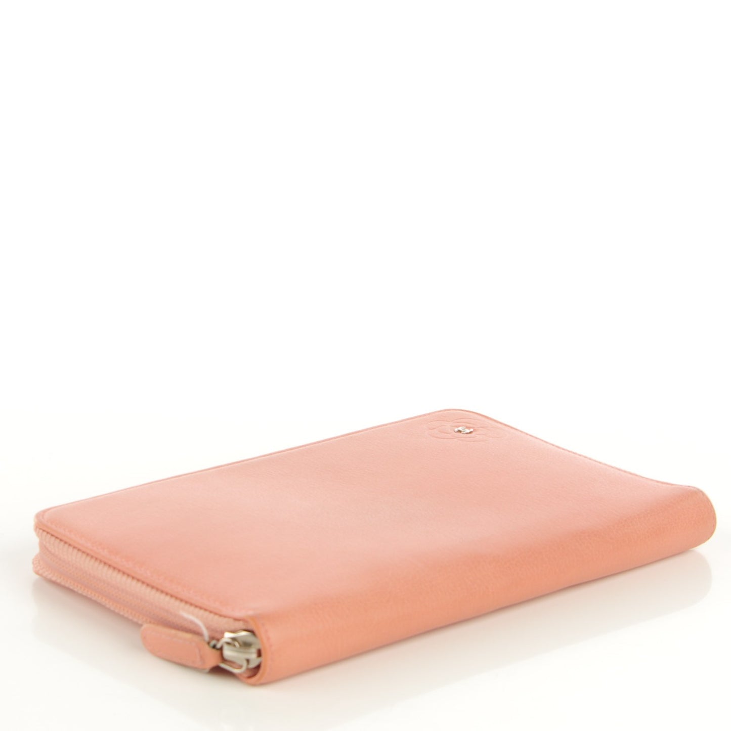Goatskin Camellia Embossed Zip Around Organizer Wallet Pink