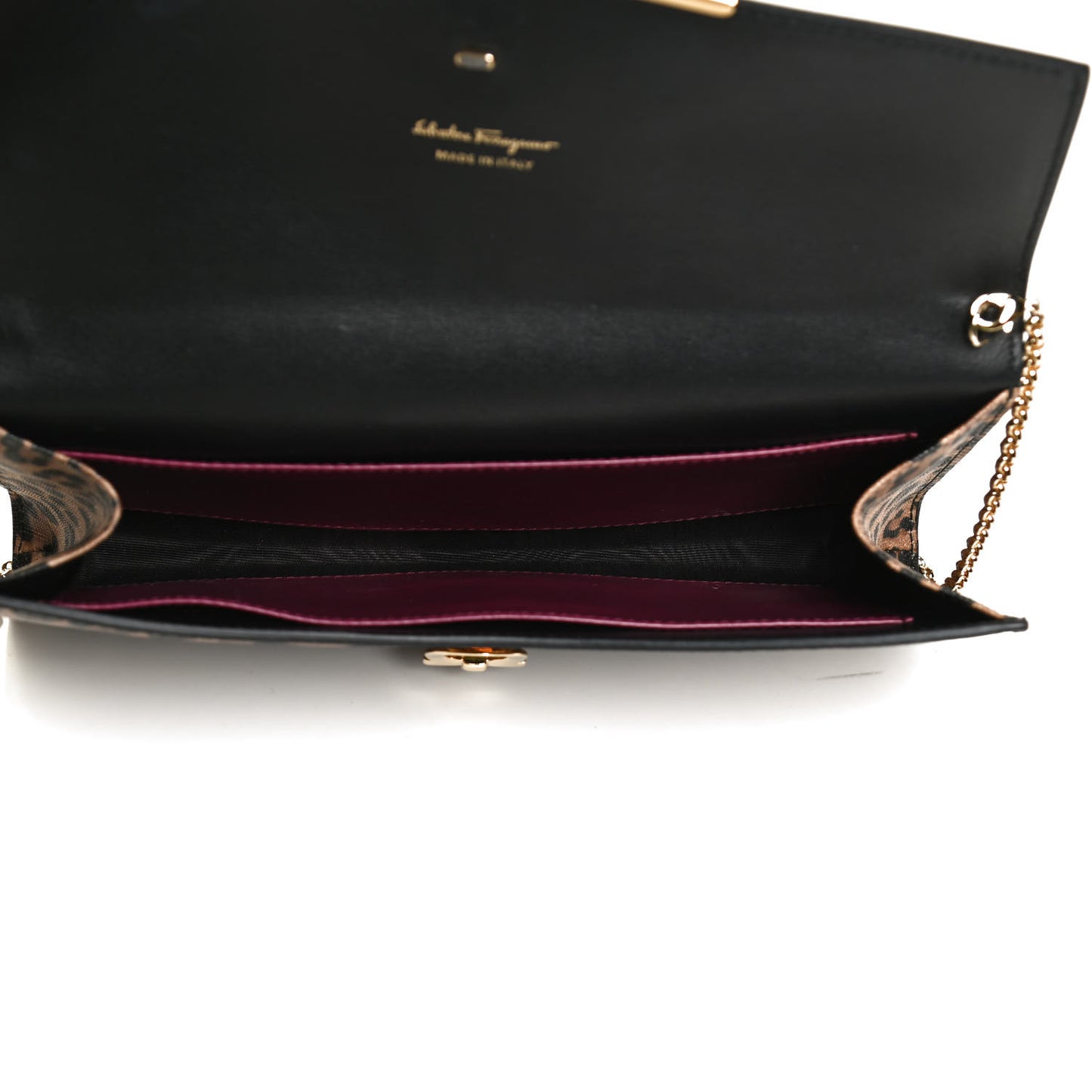 Grained Calfskin Leopard Print Gancio Shoulder Bag Black