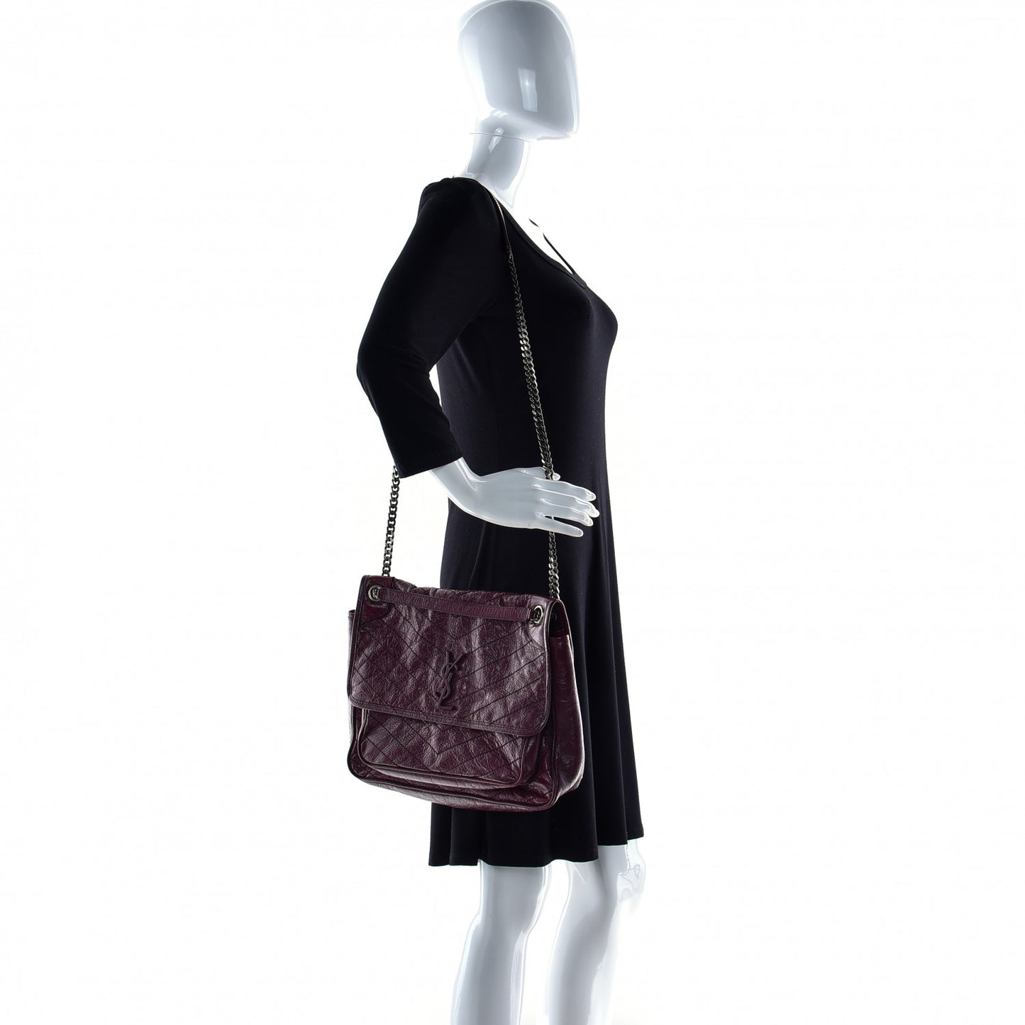 Crinkled Calfskin Matelasse Monogram Large Niki Chain Satchel Rouge Legion