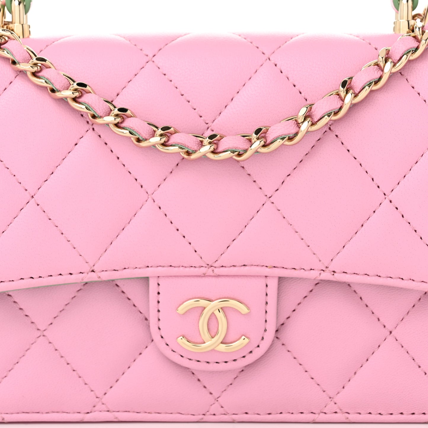 Lambskin Quilted Flap Phone Holder With Chain Lilac Light Green